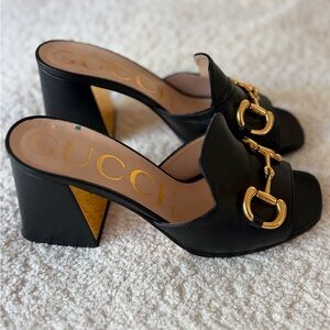 Gucci Black Leather Horsebit Block Heel Mules - Size 37
